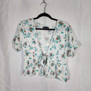 Iky & Me Crop Tie Front Ruffle Top White Floral Size L